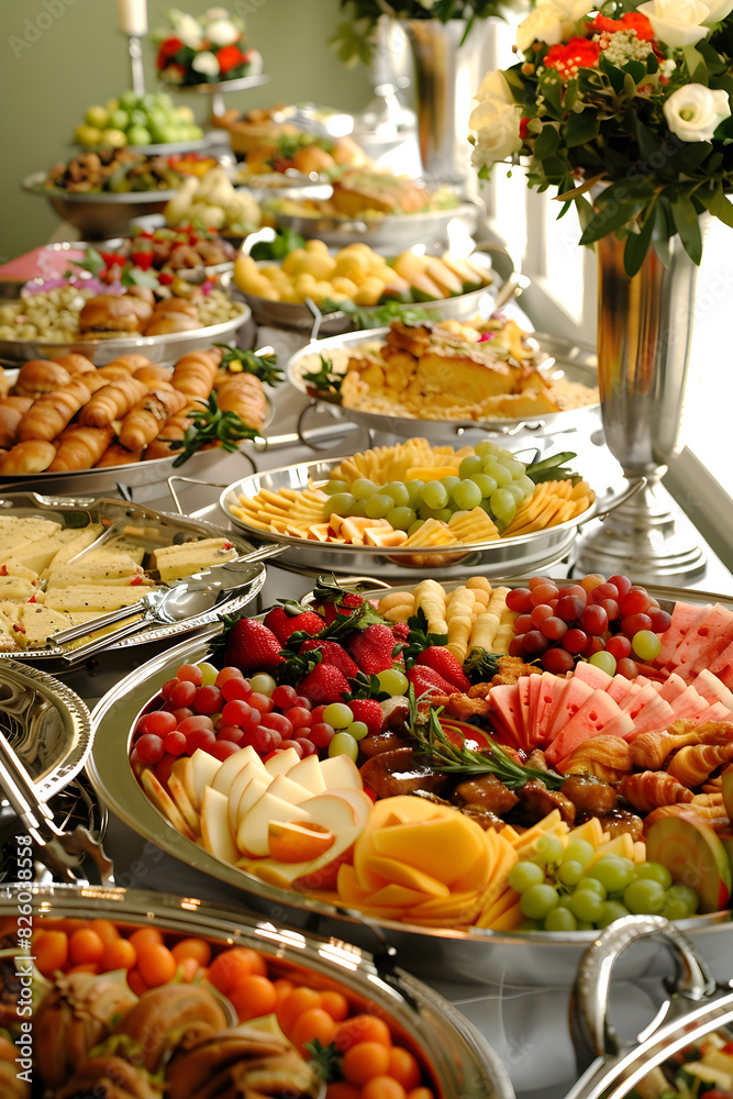 Elegant Buffet Table with Fruits, Pastries, and Various Hot Dishes in a Spacious Room