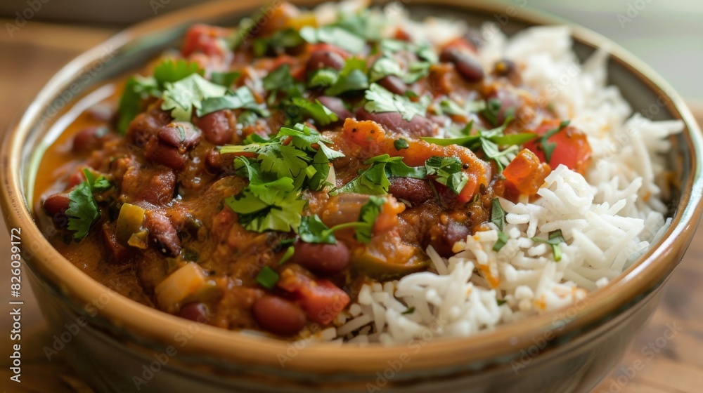 A tempting bowl of rajma masala, hearty red kidney bean curry cooked with tomatoes, onions, and aromatic spices, served with fluffy basmati rice. A tempting bowl of rajma masala, hearty red kidney bean curry cooked with tomatoes, onions, and aromatic spices, served with fluffy basmati rice.