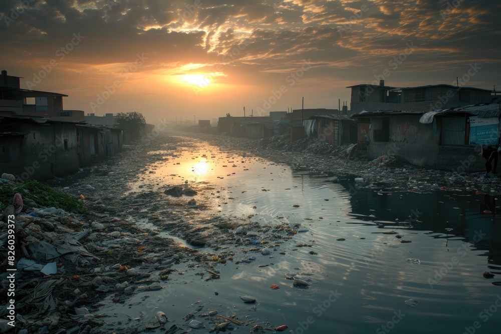 Fototapeta premium The Last Light on a Polluted Urban Waterfront