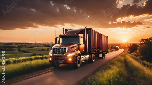 Cargo truck driving through landscape at sunset, Generative AI photo