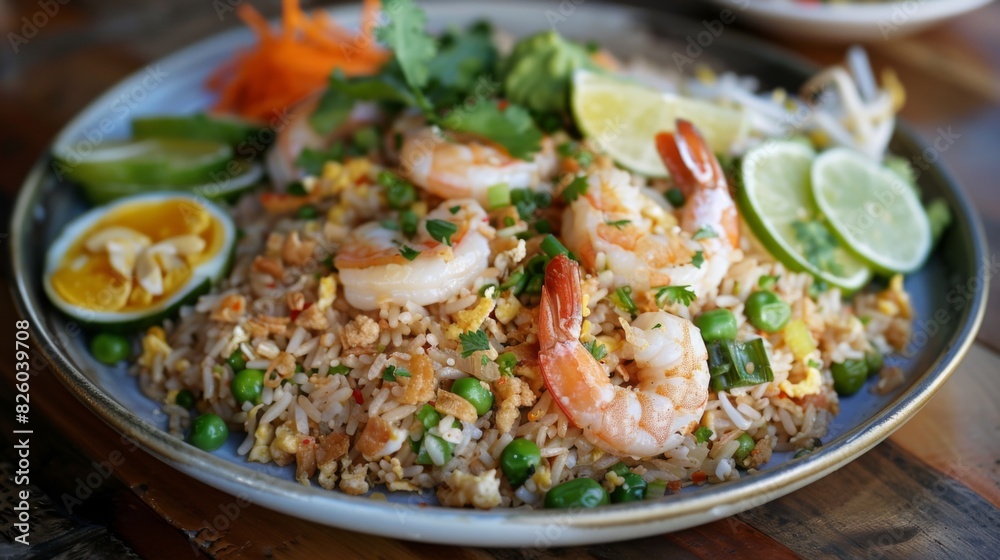 A tempting platter of Khao Pad, Thai fried rice with shrimp, egg, onions, peas, and carrots, garnished with sliced cucumber and a wedge of lime. A tempting platter of Khao Pad, Thai fried rice with shrimp, egg, onions, peas, and carrots, garnished with sliced cucumber and a wedge of lime.
