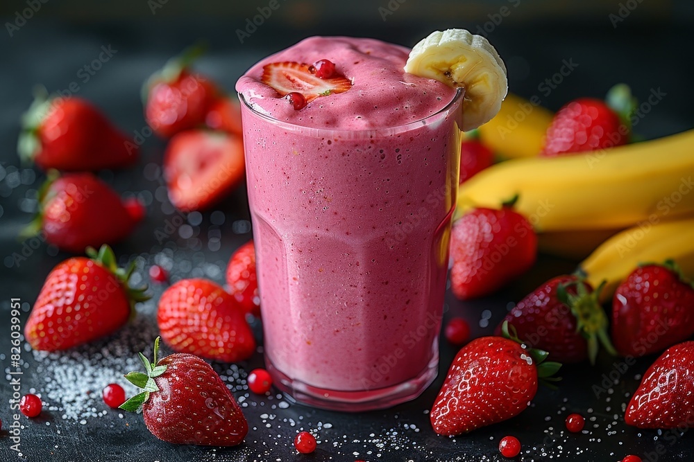 Strawberry Banana Smoothie - Pink color with strawberry and banana slices on the rim. Strawberry Banana Smoothie - Pink color with strawberry and banana slices on the rim.