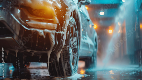 Professional car wash at night with high-pressure water