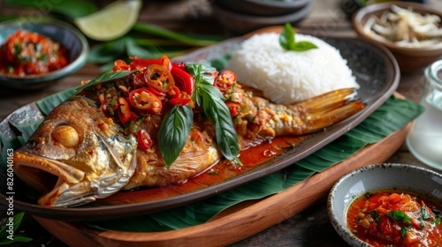 A tempting platter of Pla Rad Prik, Thai crispy fish topped with a spicy chili sauce and crispy basil leaves, served with steamed jasmine rice.