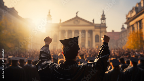 there is a man in a graduation cap and gown raising his hands photo