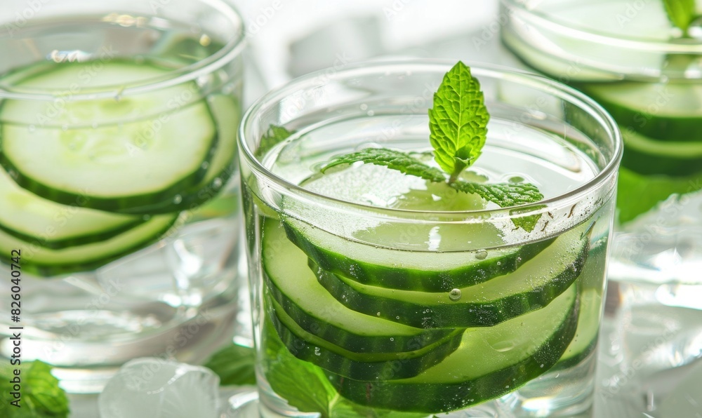 Freshly cut cucumber slices and mint leaves in a glass of water Freshly cut cucumber slices and mint leaves in a glass of water