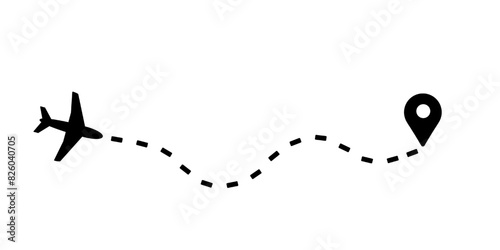 airplane and pointer icon with dashed line isolated on white and transparent background. concept of destination, travel, transportation