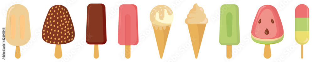 Ice cream flat design illustration set.Ice cream icon collection. Vector