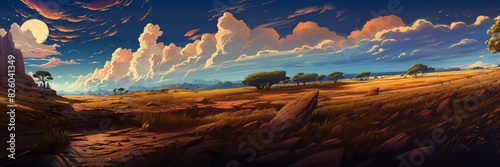 anime landscape with a dirt road and a lone tree