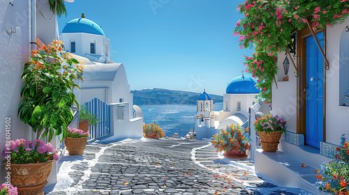 Fototapeta Naklejka Na Ścianę i Meble -  The Greek island of Santorini is picturesque, with its iconic white buildings and blue domes overlooking the sea. The cobbled streets are lined with traditional floral courtyards