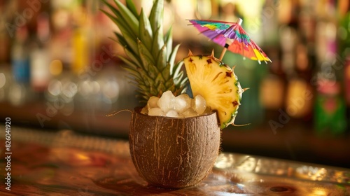 A tropical cocktail served in a coconut shell, garnished with a slice of pineapple and a colorful umbrella, evoking the spirit of the islands.