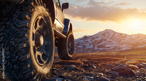 Close-up of an off-road vehicle's tires on a rocky terrain with snowy mountains and a sunset sky