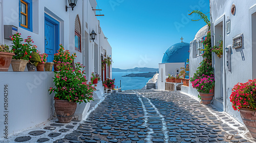 Fototapeta Naklejka Na Ścianę i Meble -  The Greek island of Santorini is picturesque, with its iconic white buildings and blue domes overlooking the sea. The cobbled streets are lined with traditional floral courtyards