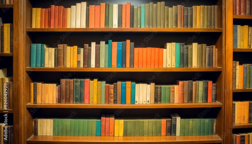 A cozy bookshelf brimming with books arranged by color, from vibrant reds to cool blues.. AI Generation A cozy bookshelf brimming with books arranged by color, from vibrant reds to cool blues.. AI Generation