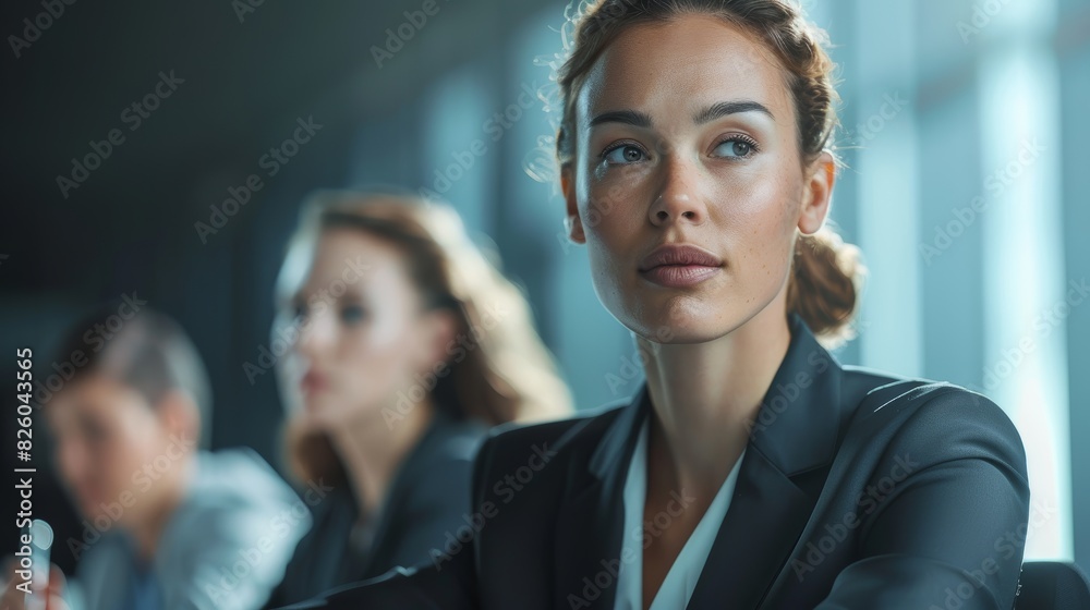 A Caucasians woman in a professional business suit leading a meeting in a modern conference room, with detailed expressions and high-quality lighting, colleagues attentively listening. A Caucasians woman in a professional business suit leading a meeting in a modern conference room, with detailed expressions and high-quality lighting, colleagues attentively listening.