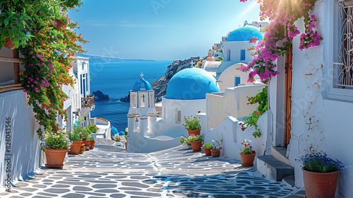 Fototapeta Naklejka Na Ścianę i Meble -  The Greek island of Santorini is picturesque, with its iconic white buildings and blue domes overlooking the sea. The cobbled streets are lined with traditional floral courtyards