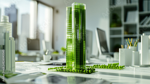 there is a model of a skyscraper on a desk with a computer photo