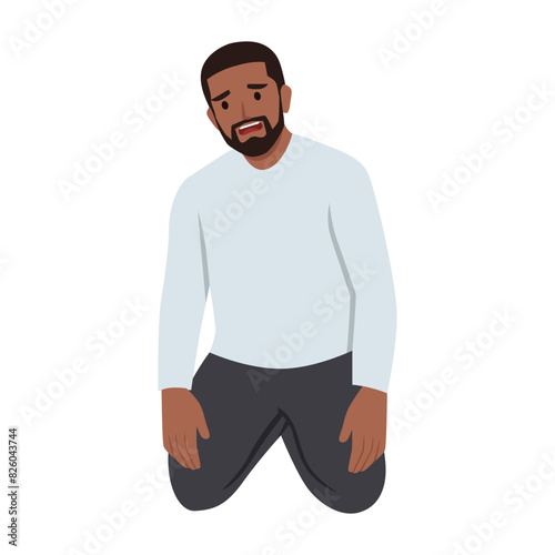 Sad businessman with spot light kneel on the ground. Flat vector illustration isolated on white background