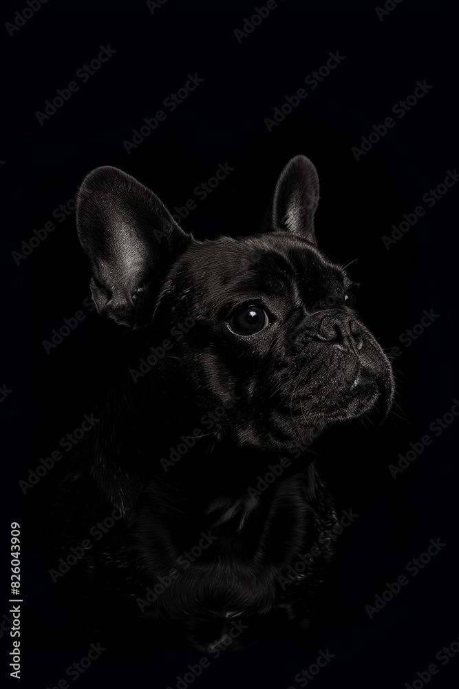arafed black dog with a black background looking up