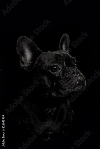 arafed black dog with a black background looking up © Spirited
