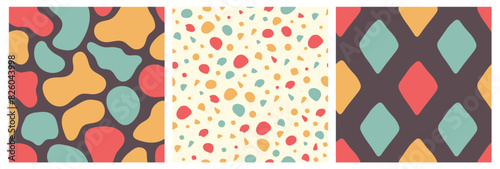 Retro Abstract Geometric Shape Seamless Patterns Set. Vintage colorful backgrounds collection with dots spots rhombus. 60s nostalgic decorative textures. Vector illustration