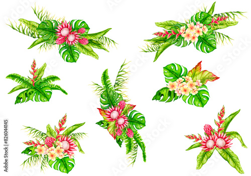 Set of bouquets of tropical leaves and flowers. Watercolor composition. Realistic botanical illustration. Design for invitations, posters, cards, greeting cards, stationery, fabric printing, etc..