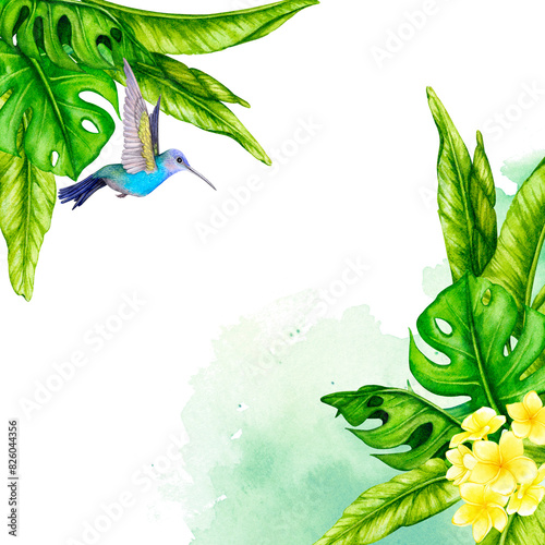 Frame of tropical leaves, flowers and hummingbirds. Watercolor botanical illustration. Flower composition. Design for invitations, posters, cards, greeting cards, stationery, fabric printing, etc.