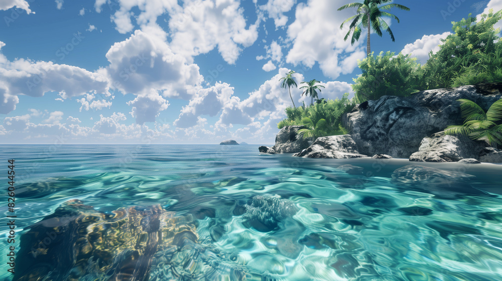 there is a large body of water with rocks and palm trees