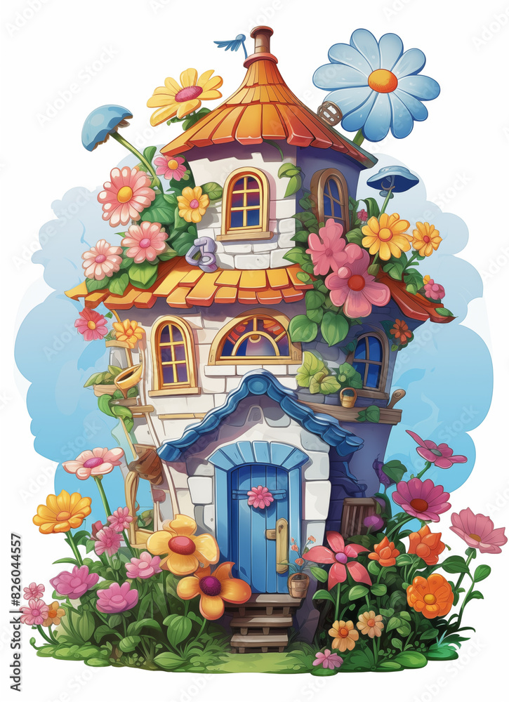illustration of a fairy house with flowers and a blue door