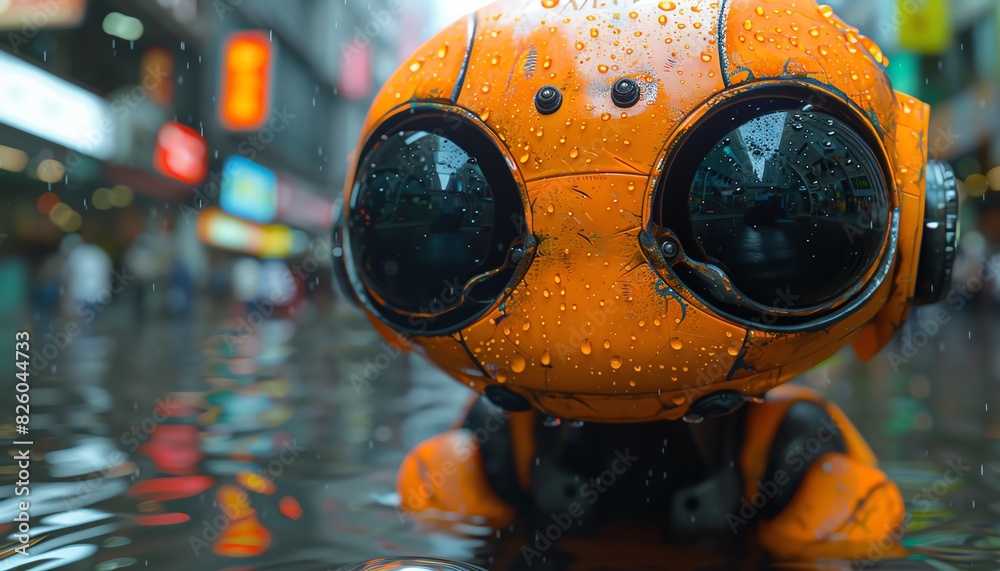 Closeup of a small orange robot with big eyes standing in a puddle of water.