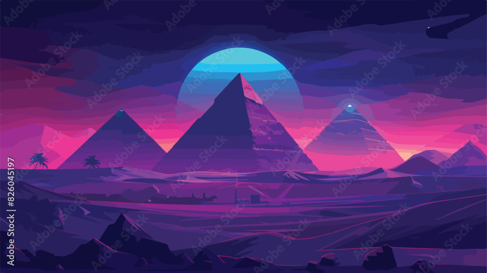 Night futuristic neon Egypt city with pyramid background