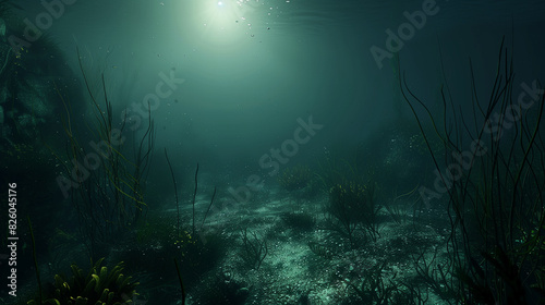 there is a very dark and empty underwater scene with a sun