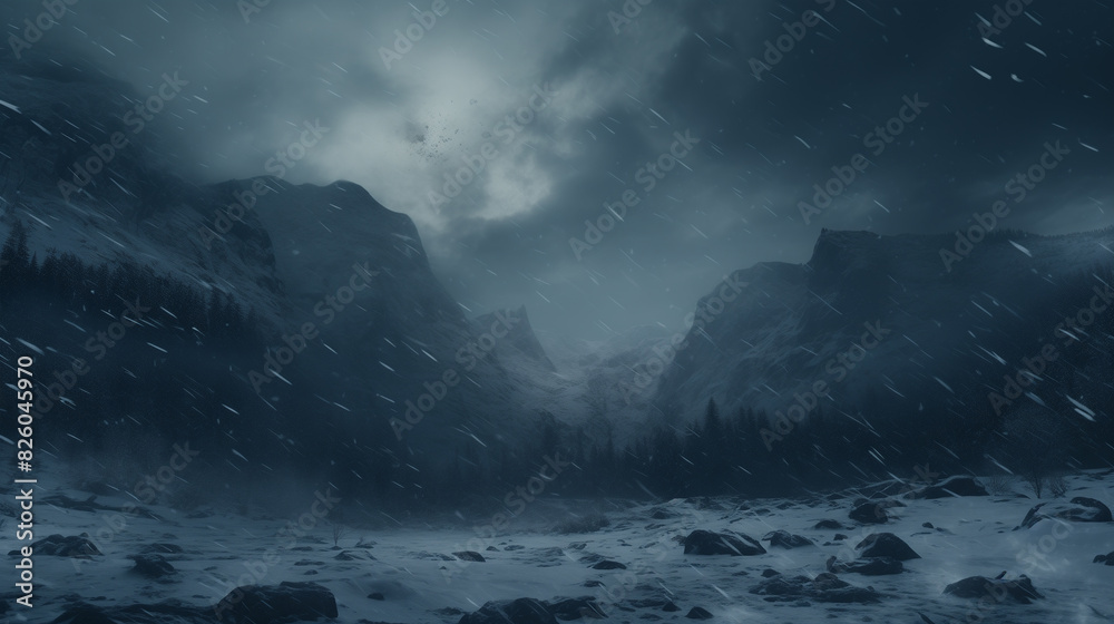 snowy mountain scene with a dark sky and a mountain range
