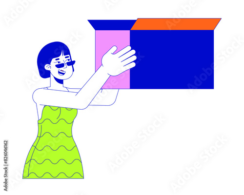 Smiling asian woman rising box 2D linear cartoon character. Japanese lady carrying belongings in container isolated line vector person white background. Stuff packaging color flat spot illustration