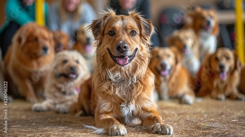 dog obedience training, professional dog trainer instructing a diverse group of dogs in obedience at a large training center with colorful agility equipment and natural light