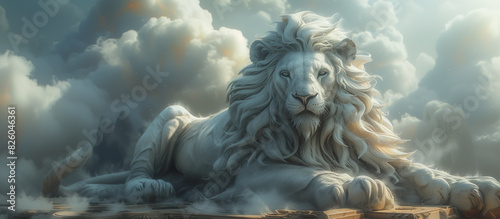 there is a lion statue sitting on a platform in the clouds