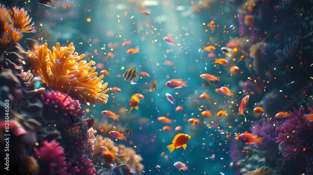 An underwater scene with colorful coral reefs and schools of fish, accompanied by a defocused background of glowing particles -