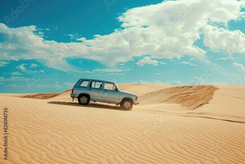 Luxurious cars driving through desert landscapes with warm sunlight