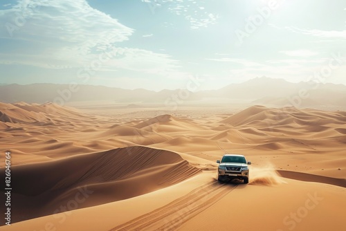 Luxurious cars driving through desert landscapes with warm sunlight