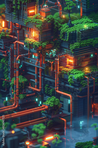 there is a picture of a futuristic city with trees and buildings