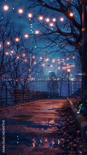 nighttime scene of a city street with lights and benches