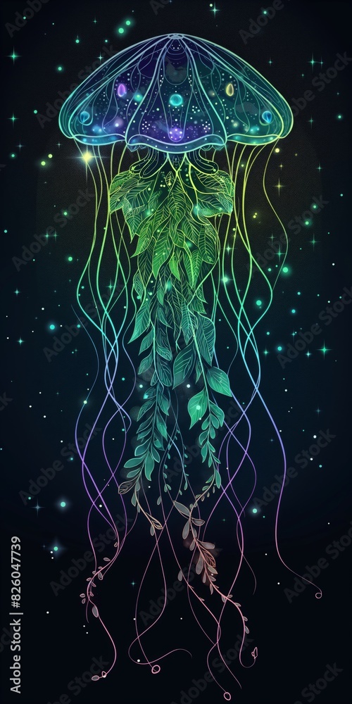 Digital art illustration , The cosmic depths of space, planet Earth is depicted as an intricate jellyfish with glowing bioluminescent blue and green tentacles. AI Generative. Digital art illustration , The cosmic depths of space, planet Earth is depicted as an intricate jellyfish with glowing bioluminescent blue and green tentacles. AI Generative.