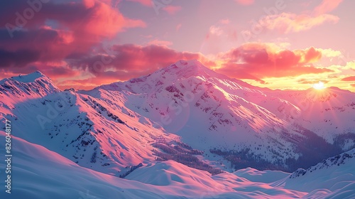 Natural beauty of a snowy mountain range at sunset