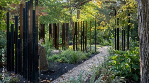 Fences made of slender rods stand tall throughout the garden reminiscent of Feynman diagrams and their role in gauge theory calculations. photo