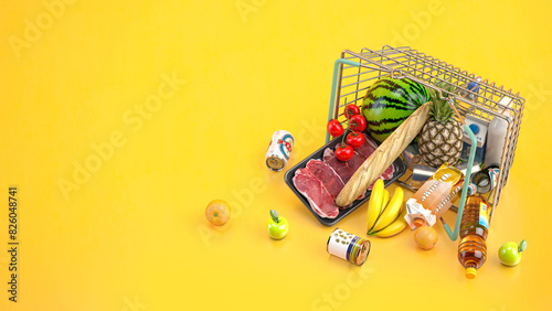 Overturned shopping basket full of variety of grocery products, food and drink ion yellow background.