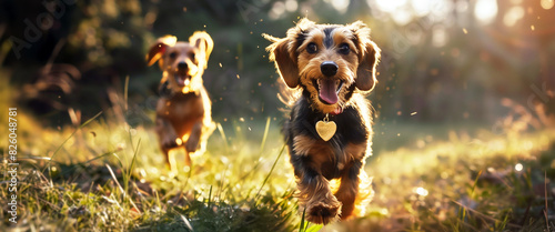 Two cute dachshund dogs running on the grassy clearing of a forest. Daytime outdoor shot in the woods.