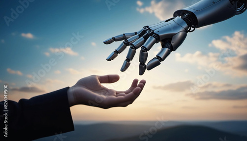 .A human hand and a robot hand reach out to each other against the backdrop of the sunset sky. The unity of artificial intelligence and humanity. Generative ai