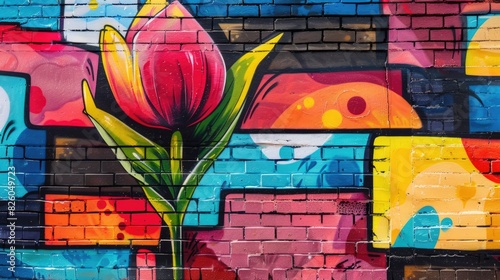 Colorful Pop Art Comic Street Graffiti Featuring a Tulip on a Vibrant Brick Wall
 photo