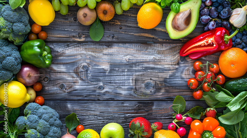 A top view of a colorful assortment of fresh fruits and vegetables arranged artfully on a wooden background  showcasing the vibrant and natural textures