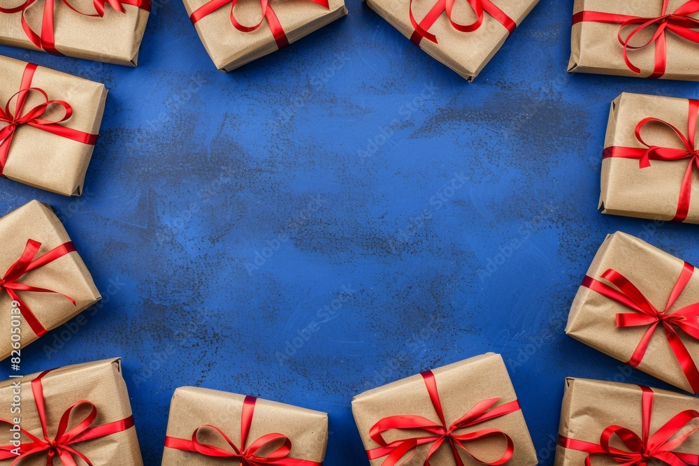 Obraz premium Multiple colorful gift boxes with ribbons on blue surface with text space - celebration, holiday presents, marketing.